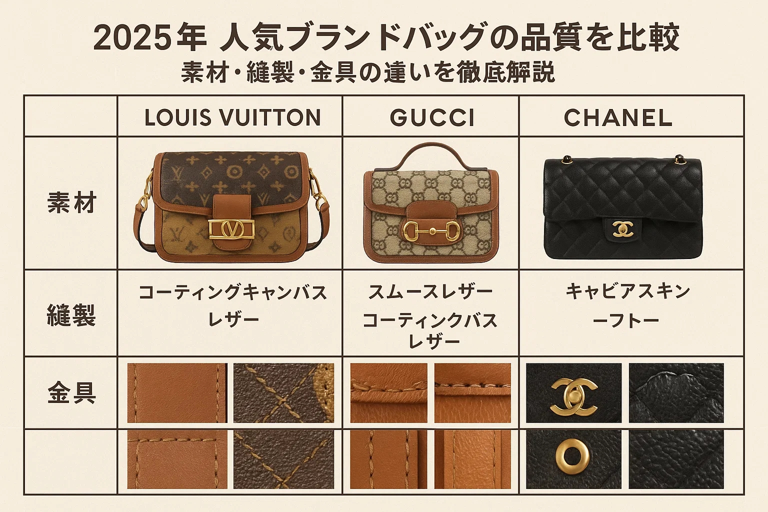 2025年 人気ブランドバッグの品質を比較|素材・縫製・金具にみるブランドの哲学 1 2025年 人気ブランドバッグの品質を比較|素材・縫製・金具にみるブランドの哲学