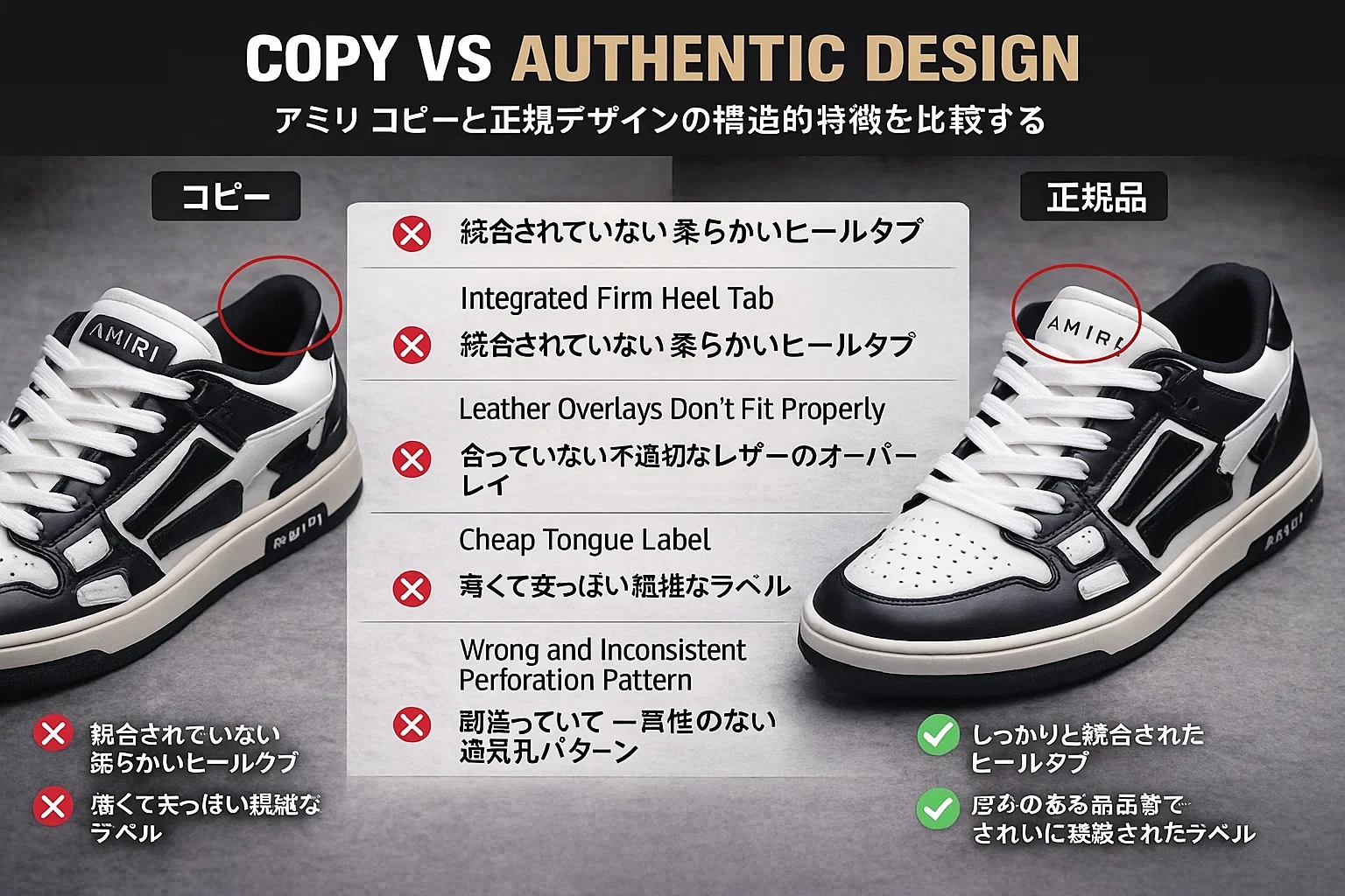 アミリ コピーと正規デザインの構造的比較:ヒールタブから縫糸まで、ディテールが語る「本物」と「複製」の決定的な隔たり 3 アミリ コピーと正規デザインの構造的比較:ヒールタブから縫糸まで、ディテールが語る「本物」と「複製」の決定的な隔たり