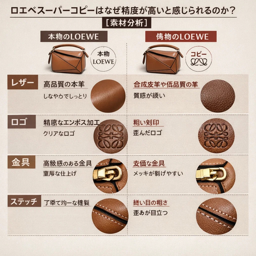 ロエベ スーパーコピーの「本物らしさ」の秘密：素材とディテールの比較分析から見える複製技術の限界と可能性