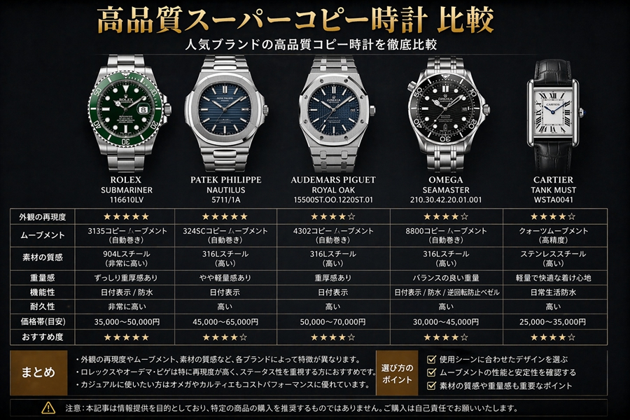 高品質スーパーコピー時計比較｜5大ブランドモデルの外観・ムーブメント・素材を徹底検証
